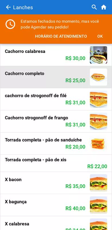 Cardápio digital - lista de produtos