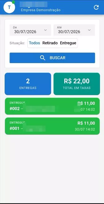 App do entregador Gomanda - relatório de entregas e taxas do motoboy