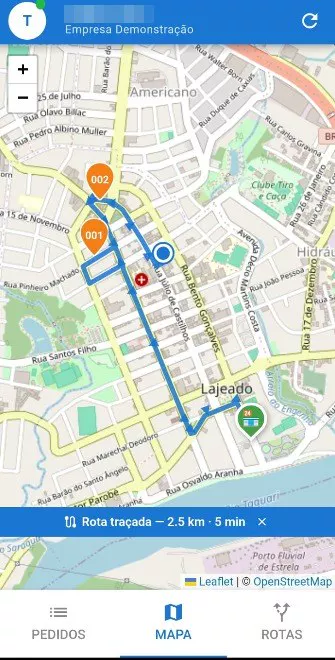 App do entregador Gomanda - rota de entrega traçada com distância e tempo