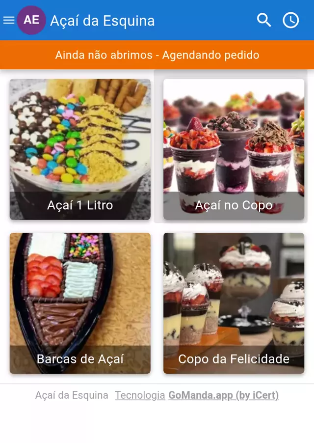 Cardápio digital de açaiteria no Gomanda